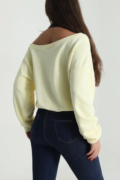 Sarı Baskılı Şardonsuz Üç İp Kadın Fermuarsız Sweat 491705