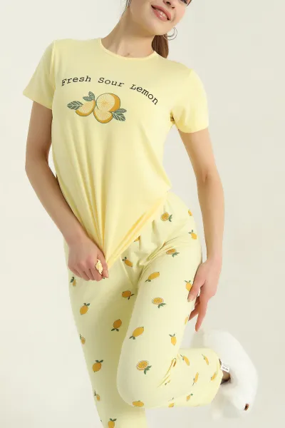 Sarı Baskılı Viskon Kadın Pijama Takımı 347351