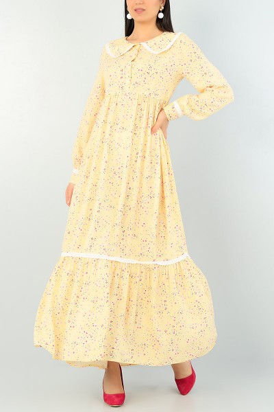 Sarı Bebe Yaka Dantel Detay Dokuma Elbise 66057