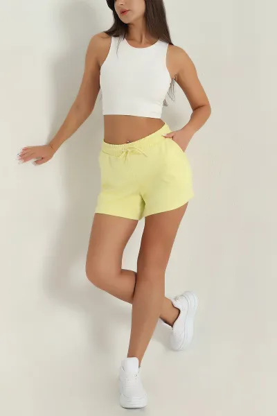 Sarı Bel Lastikli Cepli Modal Kadın Şort 384258