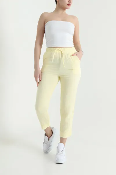 Sarı Bel Lastikli Müslin Keten Pantolon 438223