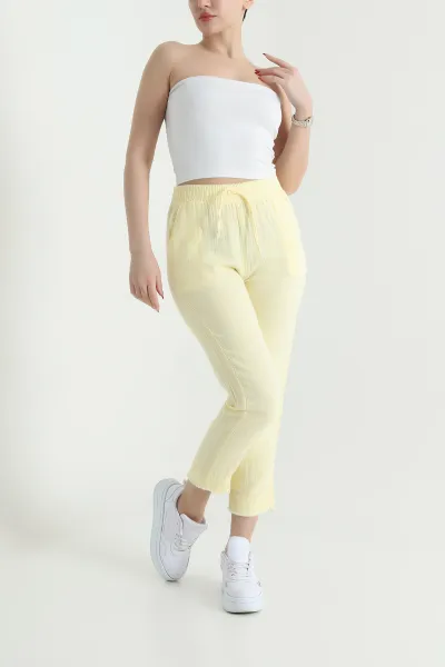 Sarı Bel Lastikli Müslin Keten Pantolon 438223