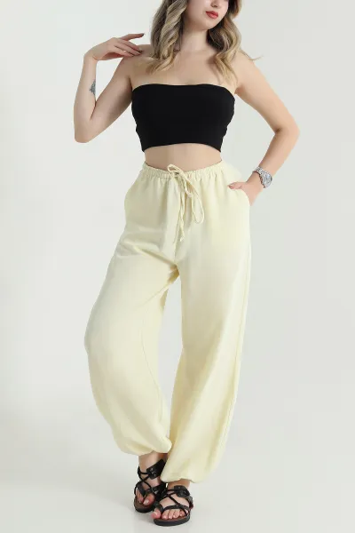 Sarı Bel ve Paça Lastikli Keten Kadın Pantolon 471126