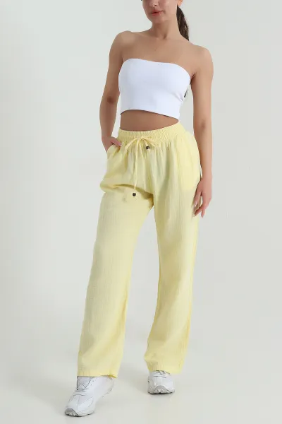 Sarı Beli Lastikli Müslin Keten Kadın Pantolon 457932