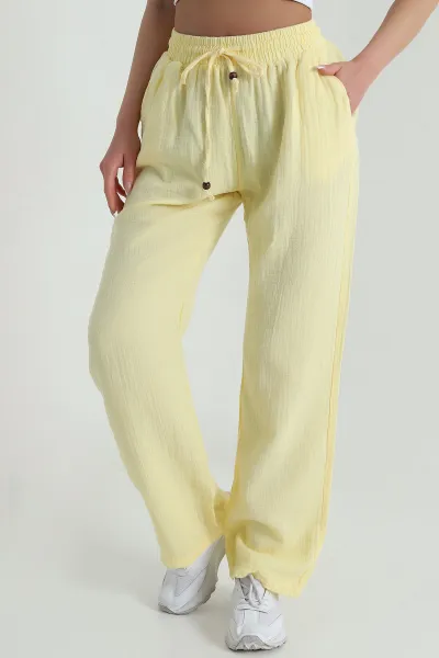 Sarı Beli Lastikli Müslin Keten Kadın Pantolon 457932