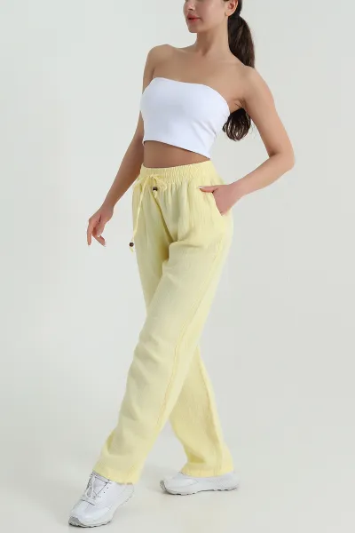 Sarı Beli Lastikli Müslin Keten Kadın Pantolon 457932