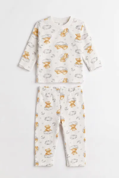 Sarı Beyaz (1-3 Yaş) Bulutlu Ayı  Baskılı Raporlu Çocuk Pijama Takım 477254