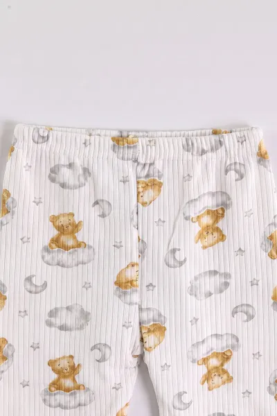 Sarı Beyaz (1-3 Yaş) Bulutlu Ayı  Baskılı Raporlu Çocuk Pijama Takım 477254