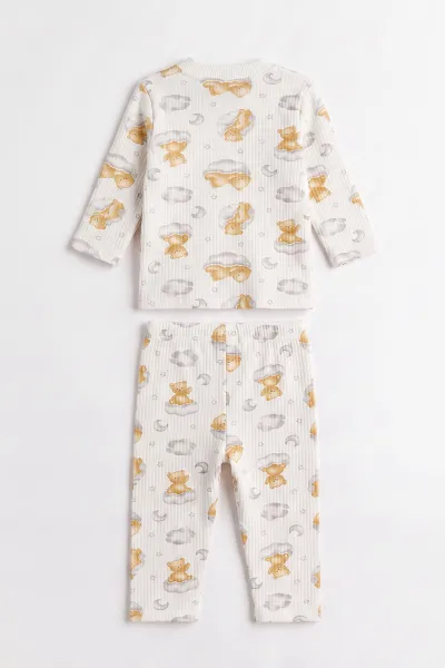Sarı Beyaz (1-3 Yaş) Bulutlu Ayı  Baskılı Raporlu Çocuk Pijama Takım 477254
