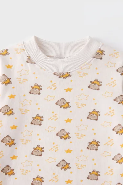 Sarı Beyaz   (1-3 Yaş) Yıldızlı Ayıcık Desenli   Çocuk Pijama Takım 477364