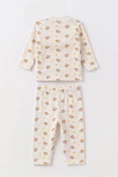 Sarı Beyaz   (1-3 Yaş) Yıldızlı Ayıcık Desenli   Çocuk Pijama Takım 477364