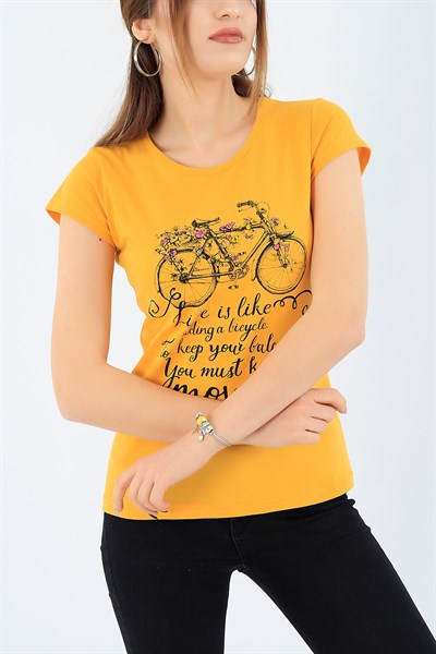 Sarı Bisiklet Baskılı Bayan Tişört 27545B