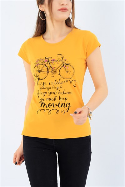 Sarı Bisiklet Baskılı Bayan Tişört 27545B