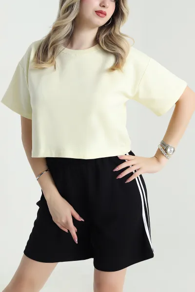Sarı Bisiklet Yaka Kristal Kadın Crop 477587