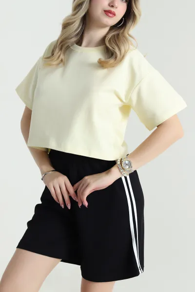 Sarı Bisiklet Yaka Kristal Kadın Crop 477587