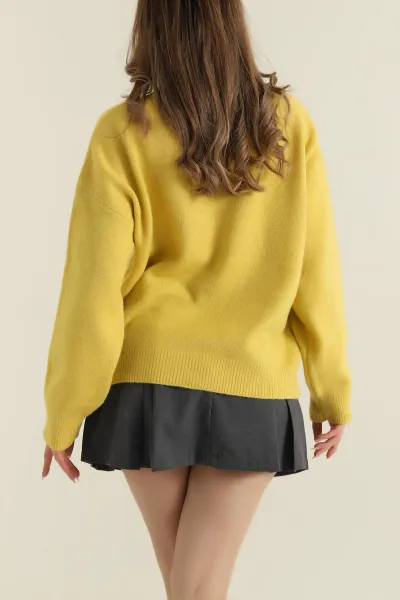 Sarı Bisiklet Yaka Oversize Kadın Triko Kazak 421240