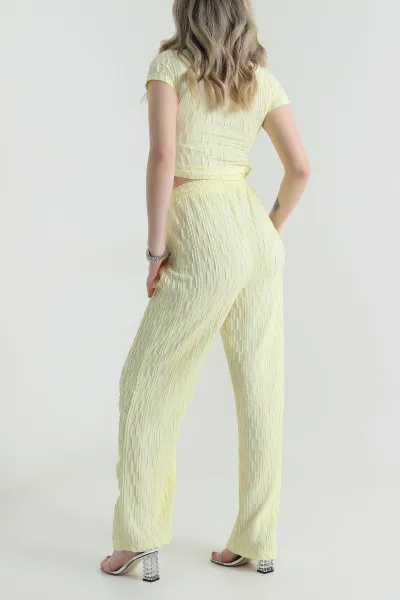 Sarı Bluz Pantolon Gofre Kadın İkili Takım 458368