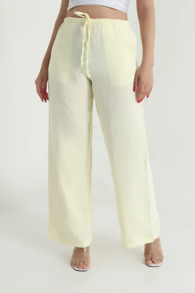 Sarı Bol Paça Cepli Müslin Kadın Pantolon 475330
