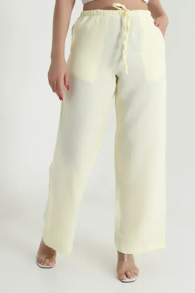 Sarı Bol Paça Cepli Müslin Kadın Pantolon 475330