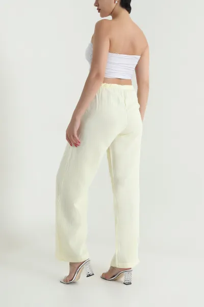 Sarı Bol Paça Cepli Müslin Kadın Pantolon 475330