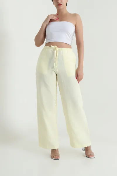 Sarı Bol Paça Cepli Müslin Kadın Pantolon 475330