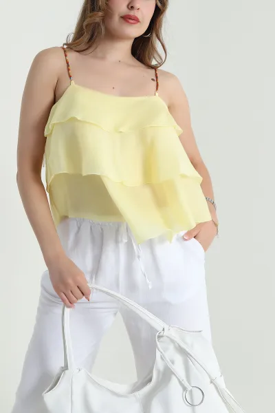 Sarı Boncuk Askı Detay Tencel Kadın Bluz 478615
