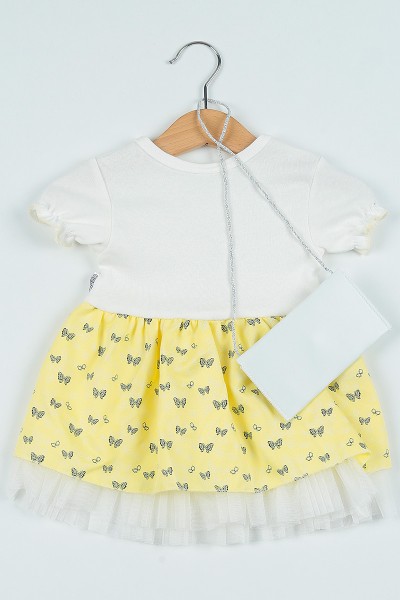 (0-3Yaş)Sarı Çantalı Taş İşlemeli Kız Çocuk Elbise 101172