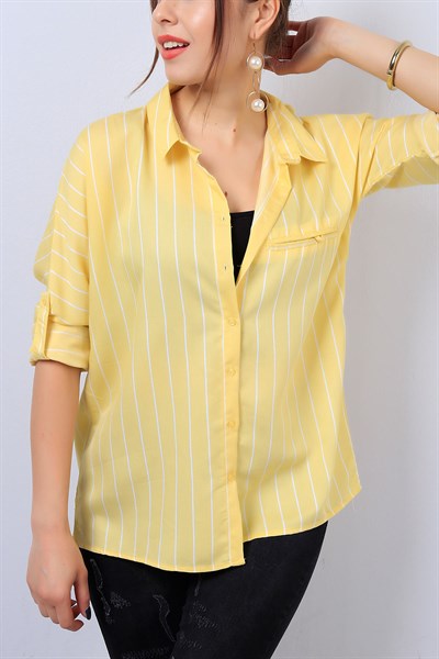 Sarı Cepli Bayan Çizgi Desenli Gömlek 14500B