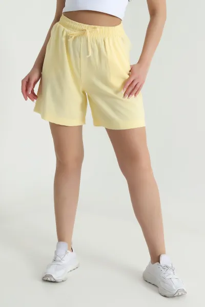 Sarı Cepli Bel Lastikli Tencel Kadın Şort 464652
