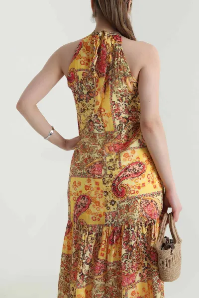 Sarı Çiçek Desenli Şifon Halter Kadın Elbise 465792