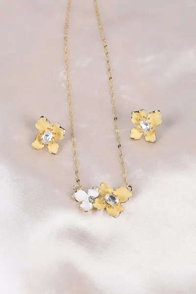 Sarı Çiçek Model Ortası Taşlı Kolye ve Küpe Set   488207