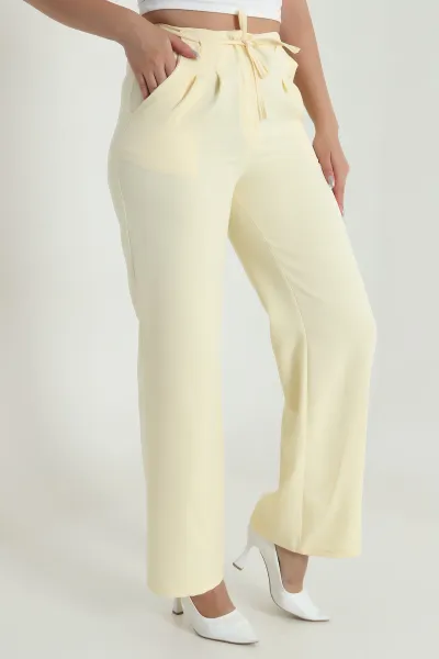 Sarı Çift Pileli Beli Lastikli Kadın Pantolon 482579