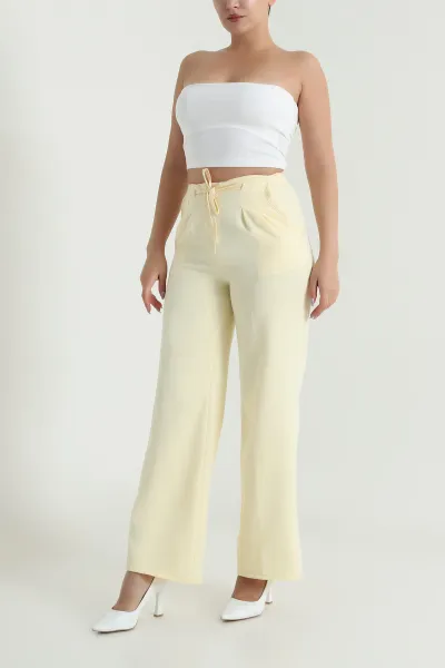 Sarı Çift Pileli Beli Lastikli Kadın Pantolon 482579