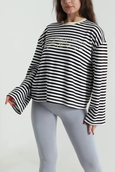 Sarı Çizgili Baskılı Kadın Sweatshirt 494412