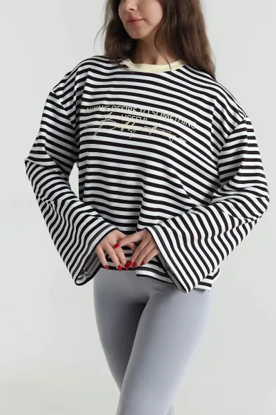 Sarı Çizgili Baskılı Kadın Sweatshirt 494412
