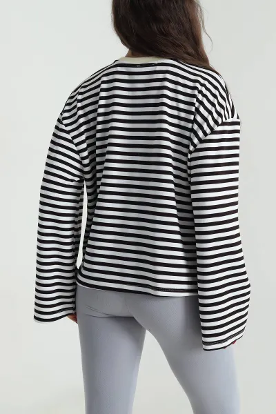Sarı Çizgili Baskılı Kadın Sweatshirt 494412
