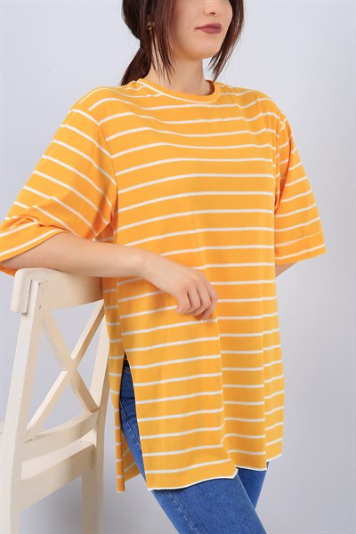Sarı Çizgili Bayan Yırtmaçlı Tişört 15086B