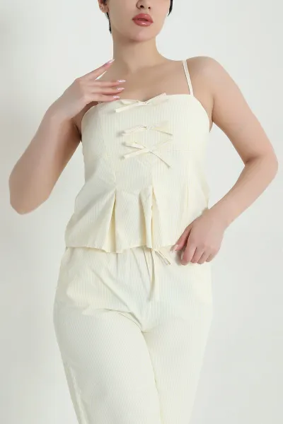 Sarı Çizgili Poplin Kadın İkili Takım 459609