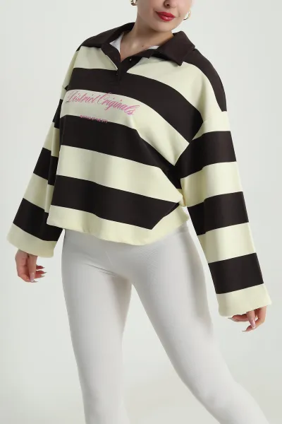 Sarı Çizgili Üç İp Kadın Sweat 491707