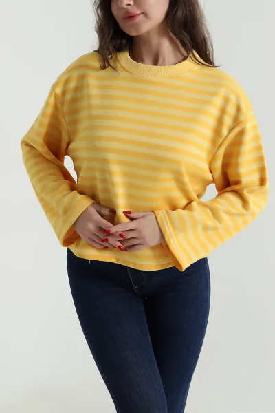 Sarı Çizgili Üç İp Kadın Sweat 495929
