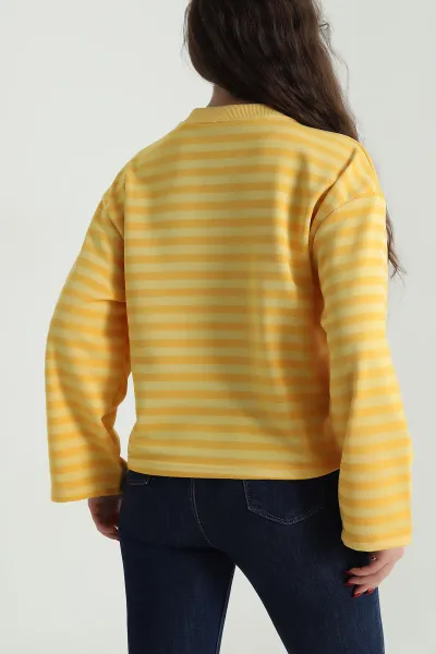 Sarı Çizgili Üç İp Kadın Sweat 495929