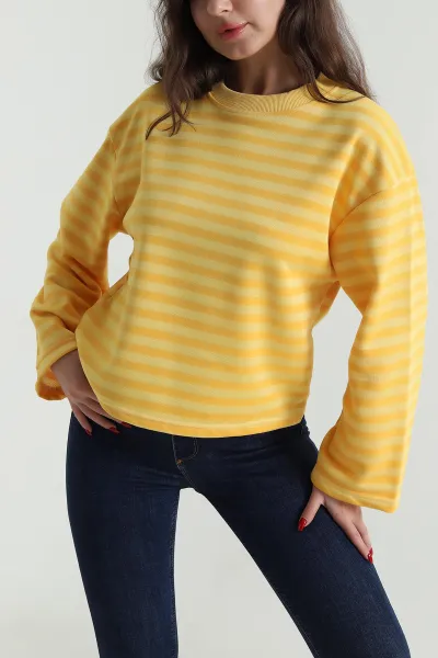 Sarı Çizgili Üç İp Kadın Sweat 495929