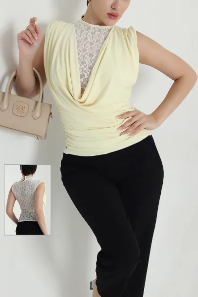 Sarı Dejaje Yaka Dantelli Tül Bluz 470249