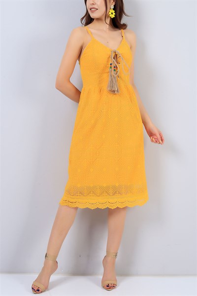 Sarı Desenli Askılı Bayan Elbise 15527B