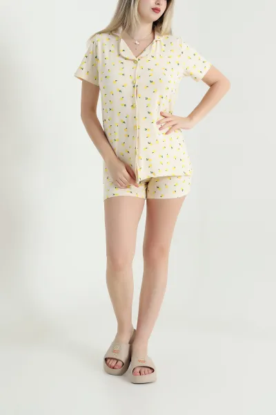 Sarı Desenli Düğme Detaylı Kadın Şortlu Pijama Takımı 466411