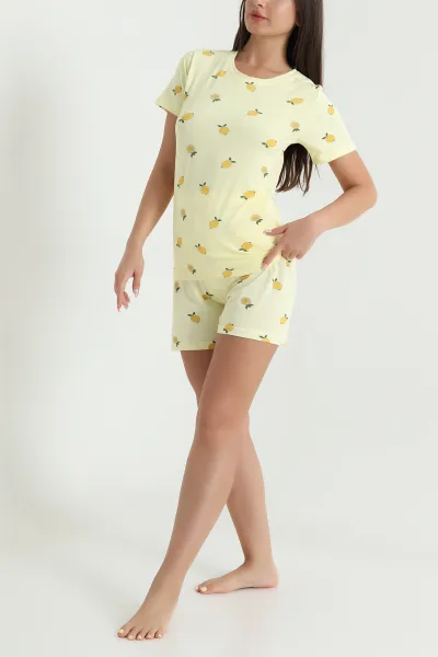 Sarı Desenli Kadın Şortlu Kısa Kollu Pijama Takımı 466388
