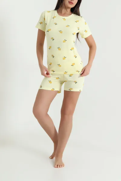 Sarı Desenli Kadın Şortlu Kısa Kollu Pijama Takımı 466388