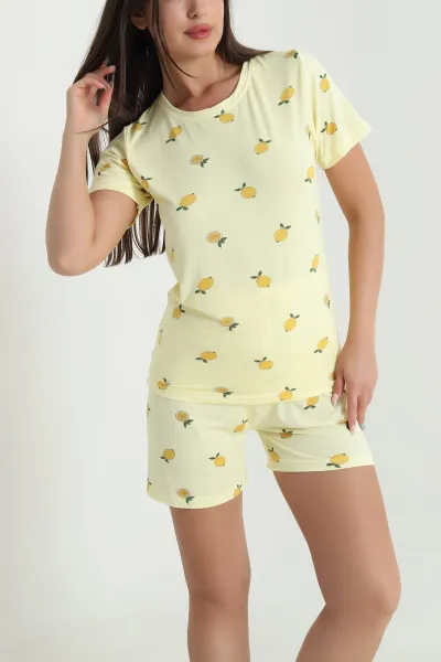 Sarı Desenli Kadın Şortlu Kısa Kollu Pijama Takımı 466388