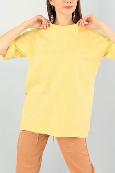 Sarı Duble Kol Bayan Yırtmaçlı Tişört 59915