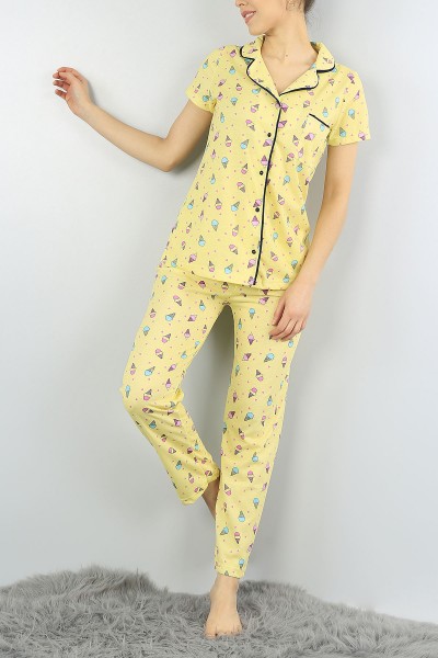 Sarı Düğmeli Baskılı Bayan Pijama Takımı 54954